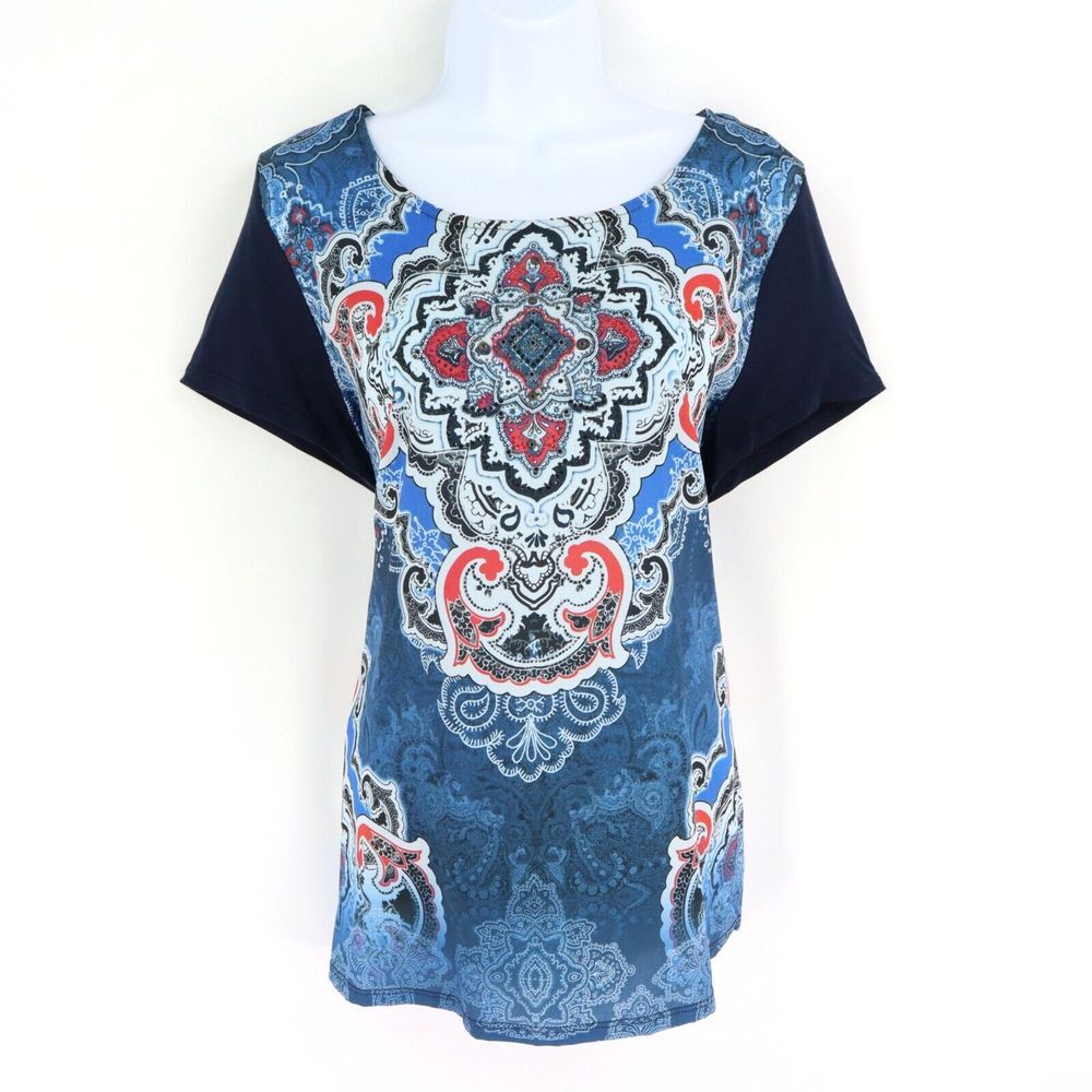 Bleu Velvet Blouse Shirt Womens Sz L Blue Colorful Geometric Rayon Short Sleeves